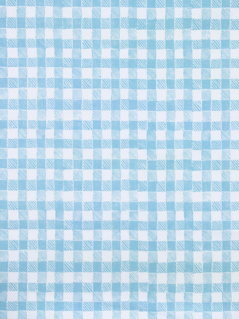 Block Print Gingham Fabric in Light Blue