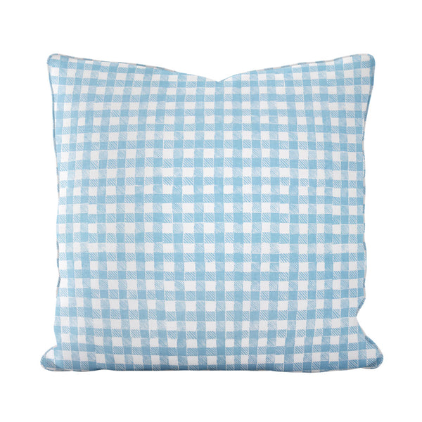 Block Print Gingham Pillow in Light Blue