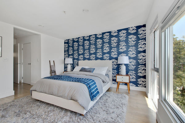 Banana Leaf Wallpaper in Navy, Interiors by Mad Mod Home