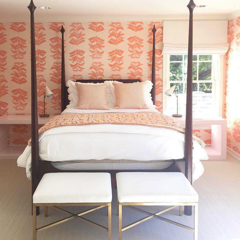 Banana Leaf Wallpaper in Coral Pink, Interiors by Carrie Hatfield Design
