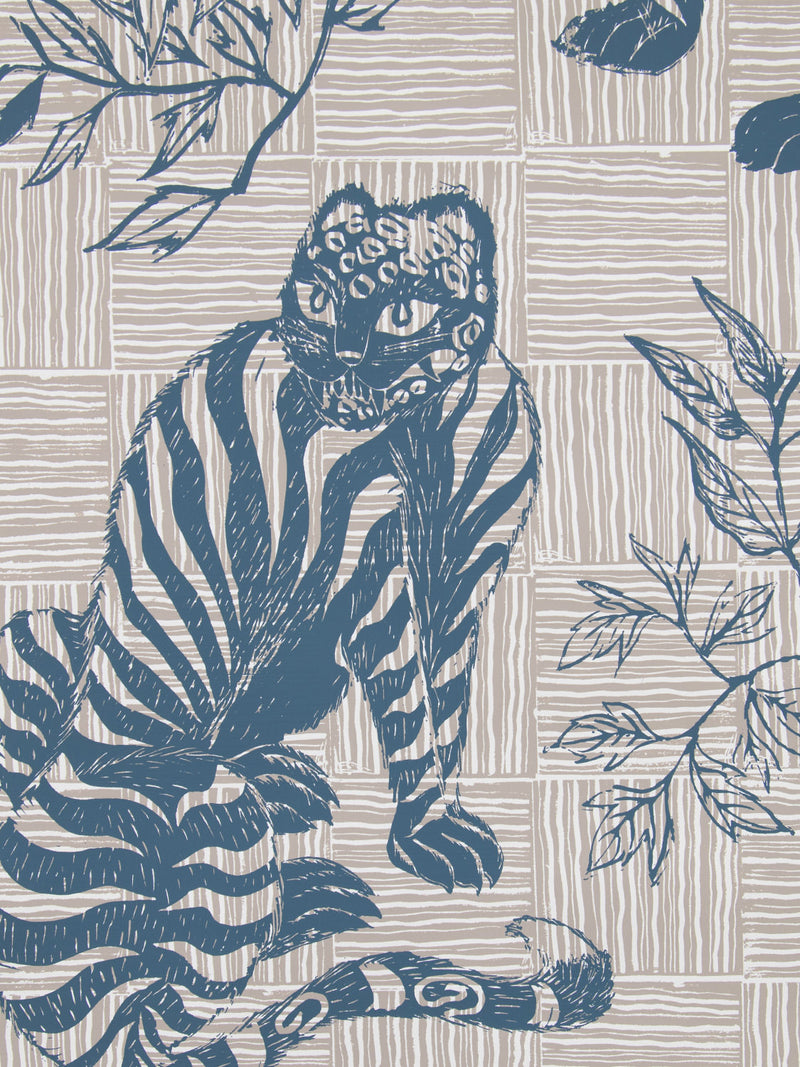 Tiger & Magpie Wallpaper in Deep Blue