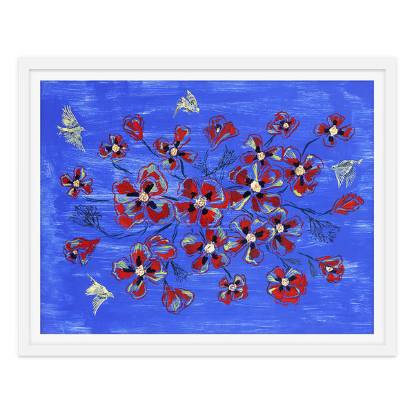 Poppies and Yellow Warblers Art Print